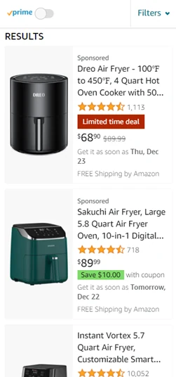 Amazon mobile search results showing three sponsored air fryer listings with prices, ratings and delivery estimates.