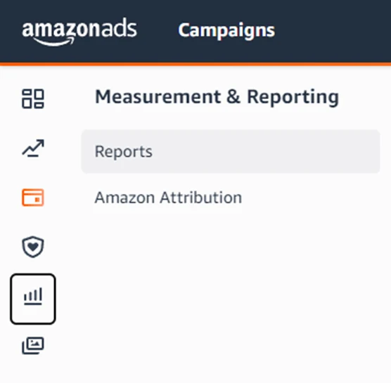 Amazon Ads campaign manager sidebar with the Measurement and Reporting menu open on Reports and Amazon Attribution.