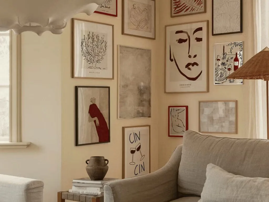 Framed wall art arranged in a warm home interior.