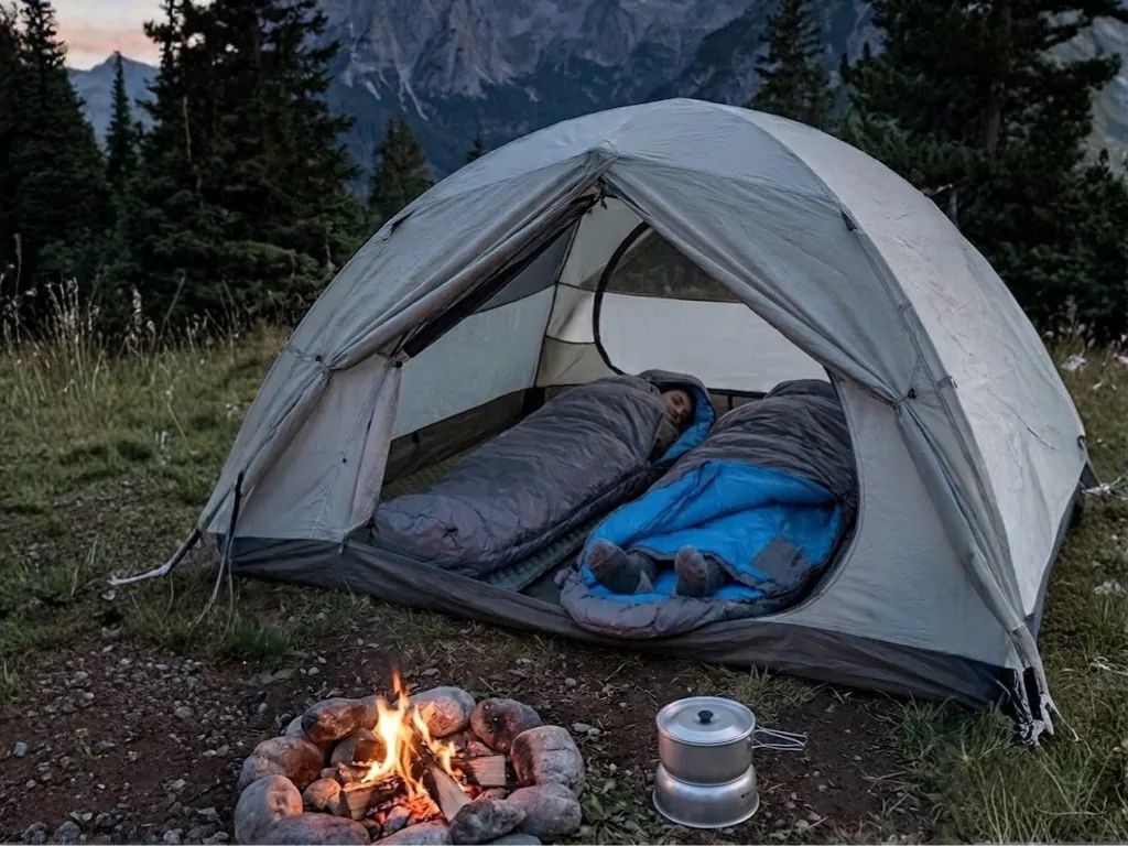 Camping tent and sleeping gear set up beside a campfire in the outdoors
