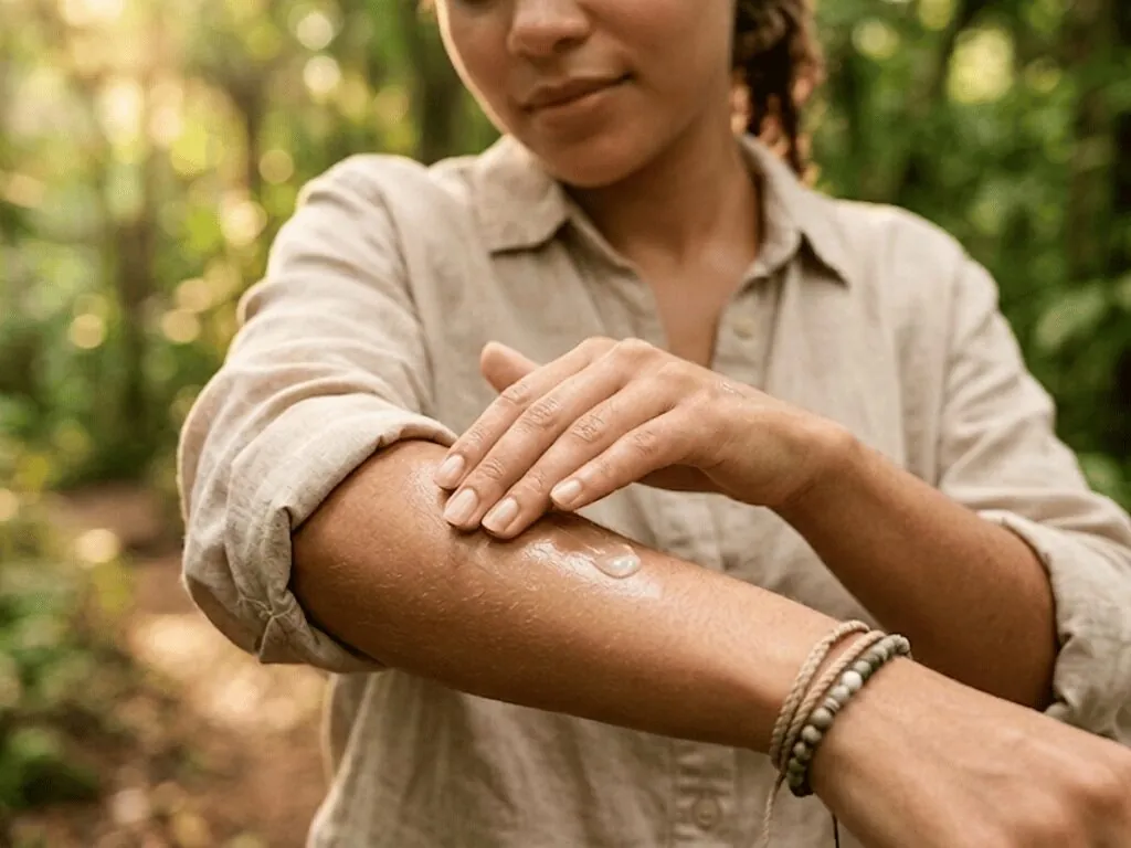 Person applying a topical wellness product to their forearm outdoors