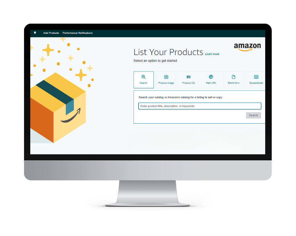 Amazon Seller Central “List Your Products” screen showing options to add a product by search, product image, product IDs, web URL, blank form, or spreadsheet.