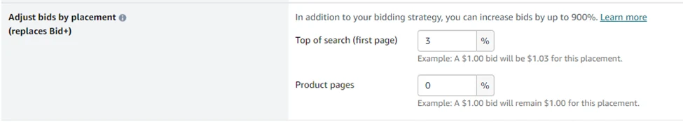 Amazon Ads placement bid settings panel with top of search set to a three percent adjustment and product pages set to zero.